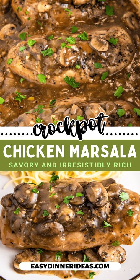 Crock pot chicken marsala is an easy way to make a fancy dinner at home with barely any effort! Tender, juicy chicken is slowly simmered with onions and mushrooms in a rich marsala gravy to create this easy dinner idea. Just add everything to the slow cooker and let it do all the work! Crockpot Fall Chicken Recipes, Marsala Gravy, Mushroom Chicken Crockpot, Chicken Marsala Crockpot, Crock Pot Chicken Marsala, Slow Cooker Chicken Marsala, Crockpot Chicken Thighs, Chicken Breast Crockpot Recipes, Dorm Food