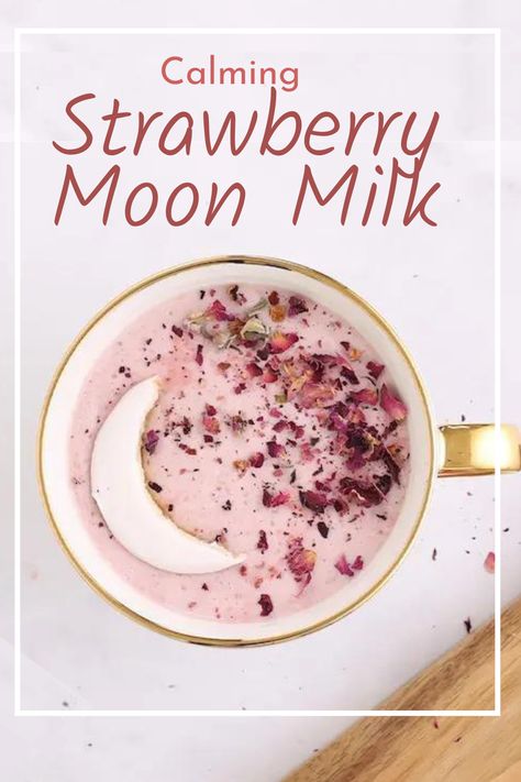 Pink Moon Milk, Comfort Drink Recipes, Strawberry Moon Milk, Strawberry Beverages, Fancy Drinks Nonalcoholic, Calming Drinks, Hot Tea Drinks, Comfort Drinks, Calming Food