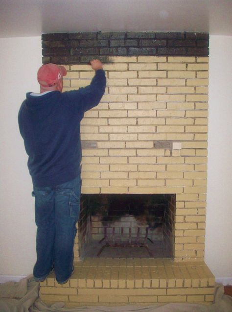 Painting the Brick – THE CAVENDER DIARY Black Fireplace Wall, Black Mantle Fireplace, Black Tile Fireplace, Fireplace Painting, Black Brick Fireplace, Painting Brick, Black Mantle, Fireplace Black, Mantle Fireplace