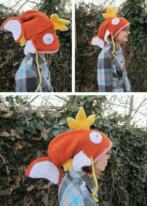 Fish hat..orignal and cute Magikarp Hat, Pokemon Hat, Crochet Pokemon, Pocket Monsters, Yarn Crafts, Crochet Crafts, Monkeys, Crochet Clothes, Beanie Hats