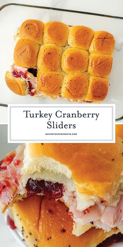 These Cranberry Turkey Sliders channel all of the fall vibes with warm bread, melty cheese, and bright cranberry sauce! Baked Turkey And Cranberry Sliders, Turkey Cranberry Sliders, Cranberry Sliders, Sliders Recipes Turkey, Sweet Chex Mix, Creamy Pasta Bake, Cranberry Turkey, Turkey Sliders, Turkey Cranberry