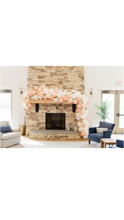 Balloon Arch Mantle, Fireplace Balloon Arch, Balloon Arch Over Fireplace, Balloon Arch Fireplace, Peach Theme Bridal Shower Ideas, Bridal Shower Fireplace Decor, Bridal Shower Mantle Decor, Bridal Shower Fireplace, Balloon Arch Bridal Shower Diy