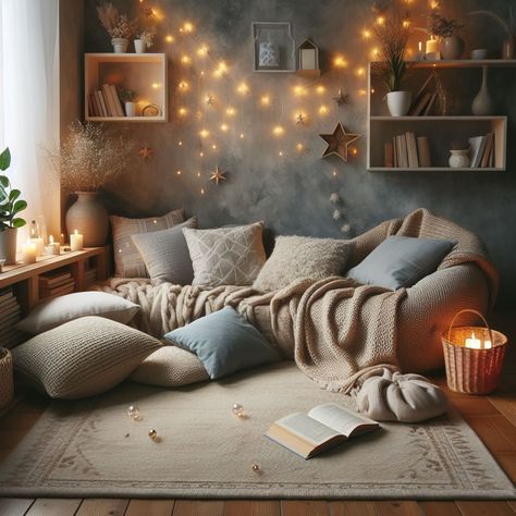 Cozy Reading Nook with Floor Cushions and Fairy Lights Cozy Pillow Corner, Meditation Reading Room, Fairy Reading Nook, Nook Bedroom Ideas, Floor Reading Nook, Floor Lounge Area, Cozy Corner Bedroom, Cozy Reading Nook Ideas, Plants Fairy Lights