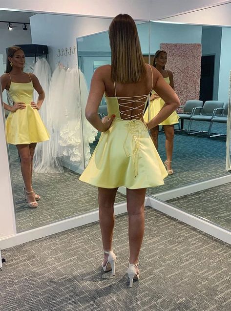 Simple A-Line Spaghetti Straps Yellow Homecoming Dress With Lace-Up – Laurafashionshop Homecoming Dresses Yellow, Yellow Homecoming Dresses, Simple Homecoming Dresses, Homecoming Dress Short, Cute Homecoming Dresses, Hoco Dresses Short, Professional Dress, Yellow Satin, Satin Short