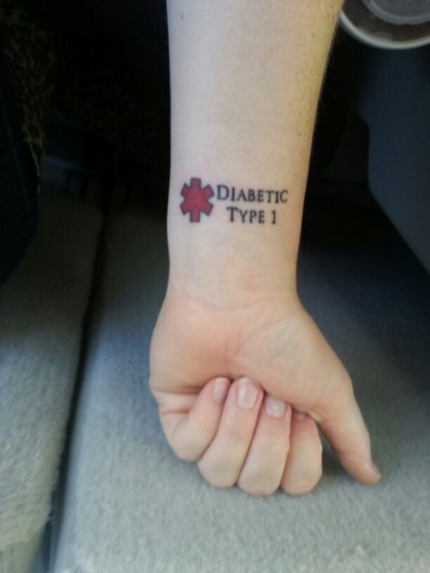 My T1D tattoo...... I'm always forgetting to wear my medic alert bracelet so this will be back up incase of an emergency anytime, even during my absent minded times. It's on the inside of my left wrist where an EMT would go first to check vitals. T1d Tattoo, Medical Alert Tattoo, Medical Tattoo, Awareness Tattoo, Cool Wrist Tattoos, Wrist Tattoos For Guys, Medical Bracelet, Tattoo Bracelet, 1 Tattoo