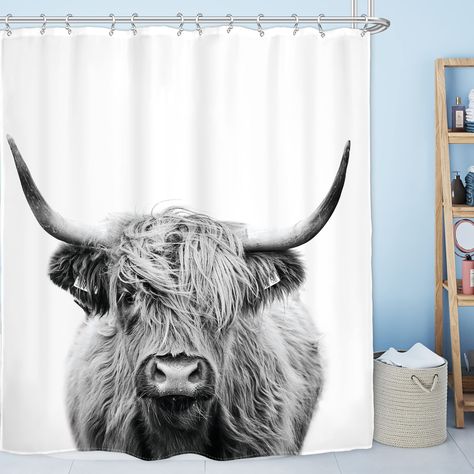 PRICES MAY VARY. Polyester PREMIUM QUALITY: 100% polyester shower liner serves healthy and long life use, applicable to home decoration. Super water-repellent fabric is treated to let water bead stay on the surface, quick to repel and dry. STYLISH DESIGN: Highland cow pattern add a classic touch of nature to your bathroom décor MEASUREMENTS: 71 INCHES LONG and 60 INCHES WIDE. Includes 12 plastic hooks. No liner needed. EASY CARE: Machine washable and quick-drying for your convenience CUSTOMIZATI Cow Shower Curtain, Western Curtains, Restroom Accessories, Western Farmhouse, Ko Lanta, Cow House, Bull Cow, Personalized Shower Curtain, Bathroom Decor Sets