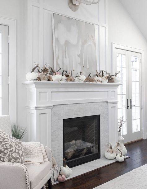 Mantel Designs Fireplace, White Mantle Fireplace, Marvel Portraits, Alpine Decor, Pumpkin Aesthetic, Lakeside House, White Mantle, Fireplace Trim, Craftsman Fireplace