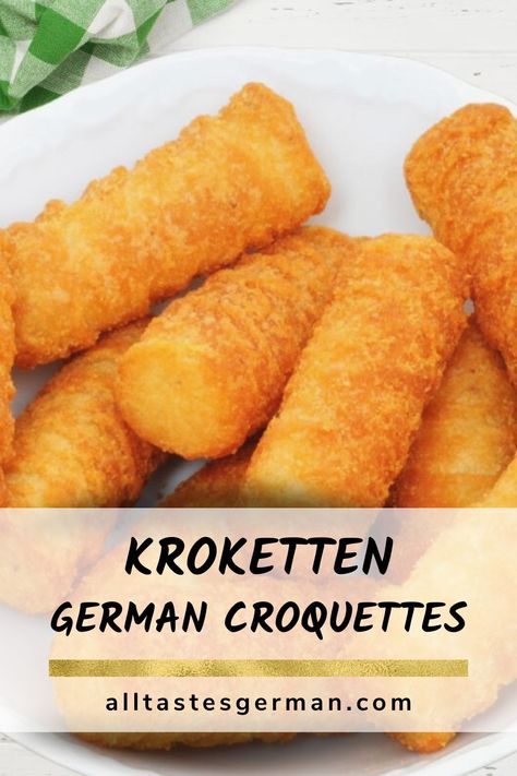 German Potato Croquettes, German Food Recipes Authentic, German Recipes Traditional, Schnitzel And Spaetzle, Kroketten Recipe, European Snacks, German Thanksgiving, German Bread Dumplings, German Potato Cakes