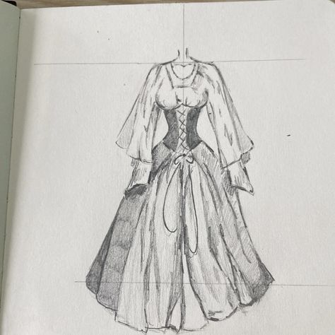 How To Draw Victorian Dresses, Flower Dresses Drawing, Backless Dress Drawing, Fancy Hat Drawing, Pirate Dress Drawing, Old Clothes Drawing, Gown Drawing Reference, Old Dresses Drawing, Corset Dress Sketch