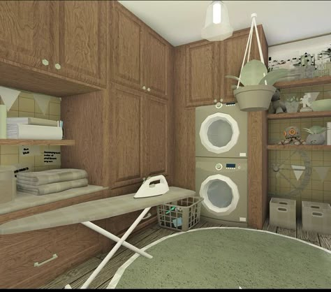 𝑆𝑎𝑔𝑒 𝑔𝑟𝑒𝑒𝑛 <3🌱 Laundry Room Simple, Bloxburg Laundry Room Ideas, Sage Green House, Fall Bloxburg, Blocksburg Room Ideas￼, Simple Bathroom Designs, Green Apartment, House Decorating Ideas Apartments, Small House Layout