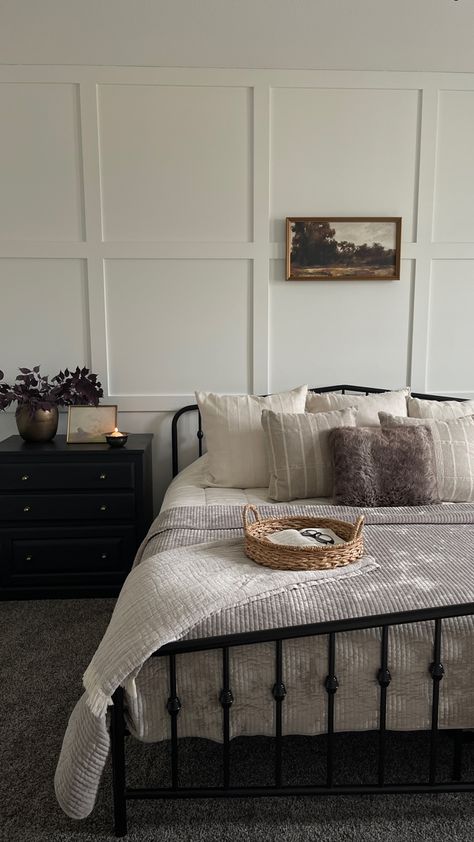 Neutral master bedroom decor Metal Bed Frame Upgrade, Wall Decor Above Queen Bed, Minimalist Bedroom Black Metal Bed Frame, Bedroom Ideas Black Bedding, Modern Vintage Master Bed, Black Metal Bedroom Ideas, Metal Bed Masterbedroom, Bedroom Inspirations Black Metal Bed, Modern Bedroom With Iron Bed