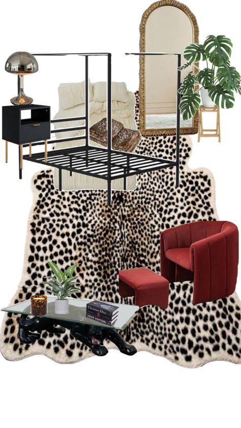 Cheetah/Leopard Print Red Accent Chair Cheetah Print Rug PUMA GLASS TABLE Black Canopy Bed GOLD MIRROR Black Accent Table Canopy Bed Gold, Cheetah Print Rooms, Cheetah Print Bedroom, Leopard Print Bedroom, Leopard Bedroom, Cheetah Print Rug, Black Canopy Bed, Red Apartment, Red Accent Chair