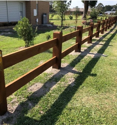 Post & Rail Fencing Small Wood Fence Front Yards, Farm Wood Fence, Driveway Fence Ideas, Post And Rail Fence Ideas, Wooden Farm Fence, House Fencing, Unique Landscaping, Driveway Fence, Post And Rail Fence