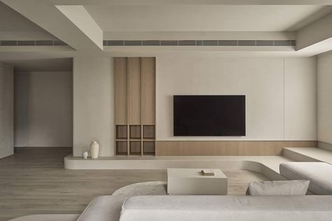 Tv Wall Japandi, Japandi Living Room Tv, Muji Living Room, Chinese Style Interior, Living Room Wall Designs, Japandi Living, Tv Unit Interior Design, Tv Cabinet Design, Living Tv