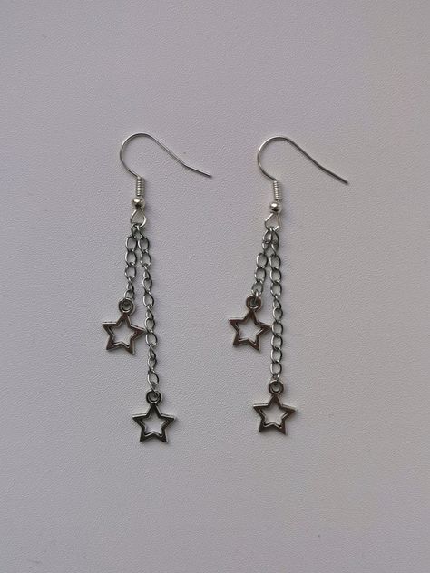 Star silver earrings Teen Earrings, Y2k Earrings, Star Silver, Moon And Star Earrings, Y2k Jewelry, Earring Ideas, Fancy Jewellery, Handmade Jewelry Diy, Star Jewelry