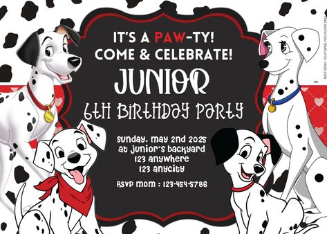 ( Free Editable PDF ) Together With 101 Dalmatians Birthday Invitation Templates One 101 Dalmations Party Invitations, 101 Dalmatians Party, Dalmation Party, 101 Dalmatians Birthday, 101 Dalmations Party, Dalmatian Birthday, Dalmatian Party, Movie Invitation, Black And White Balloons