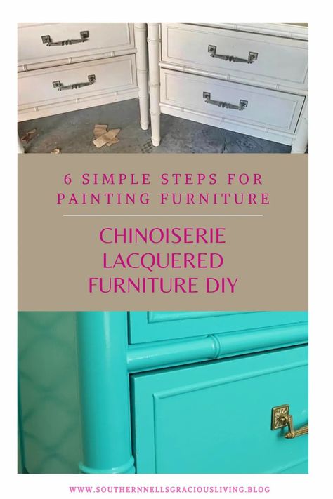 Glossy Painted Furniture, Lacquer Painted Furniture, Pink Lacquer Furniture, How To Lacquer Wood Furniture, Redoing Furniture Diy, High Gloss Painted Furniture, Chinoiserie Diy, Studio Hacks, Lacquered Furniture