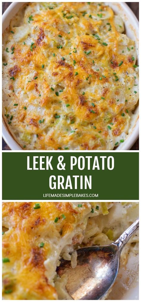 You're going to love this creamy, cheesy leek and potato gratin! Its got layers and layers of flavor! #cheesyleekandpotatogratin #potatogratin #leekandpotatogratin #cheesypotatoes #creamypotatogratin Leek And Bacon Potato Gratin, Scalloped Potatoes And Leeks, Potato Leek Casserole Pioneer Woman, Leak And Potato Casserole, Leek Au Gratin, Leek And Cabbage Recipes, Leak Recipes Side Dishes, Leeks And Potatoes Recipe, Leek Mashed Potatoes