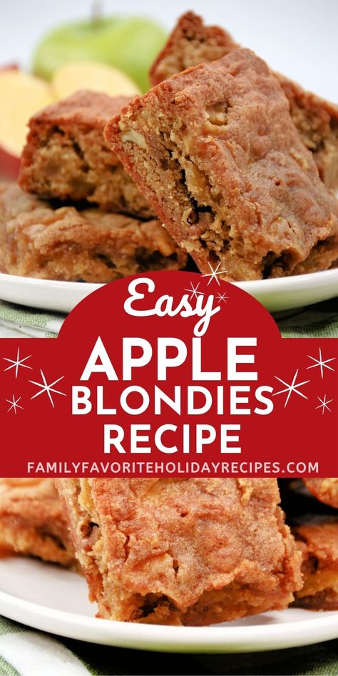 These apple blondies are such a delicious treat for fall! Serve for dessert or even as a simple breakfast--whether it's for Thanksgiving, Christmas, or just an ordinary weekday, your family will thank you! Blondies Healthy, Apple Blondies Recipe, Apple Blondies, Family Breakfast Recipes, Pie Bar Recipes, Easy Thanksgiving Recipes, Fall Desserts Easy, Simple Breakfast, Blondies Recipe