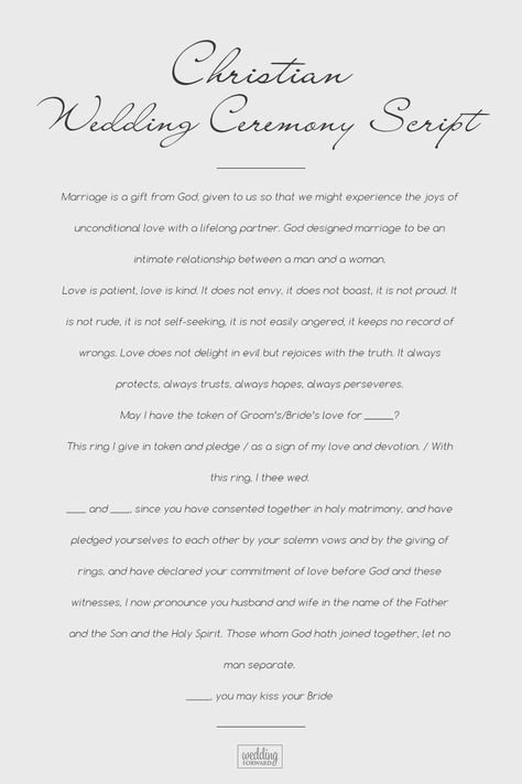 Wedding Ceremony Script For Each Wedding Type (Updated List For 2018) ❤️ Find Christian Wedding Ceremony Scripts With Examples Of Vows. See more: https://www.weddingforward.com/wedding-ceremony-script/ #wedding #bride #weddingceremonyscript Wedding Ceremony Script Christian, Wedding Script For Officiant, Simple Wedding Ceremony Script, Christian Wedding Vows, Non Religious Wedding Ceremony, Wedding Ceremony Outline, Wedding Vows Template, Ceremony Outline, Ceremony Script