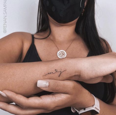 Daughters Initials Tattoo, Childs Name Tattoo Placement, Forearm Initial Tattoo Women, Initial Tattoo On Forearm, Tattoo Wife Name, Hubby Name Tattoo Ideas, 2 Letter Tattoo, Forearm Initial Tattoo, Minimal Initial Tattoo