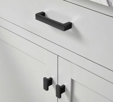 Black Bathroom Cabinet Handles, Cabinet Hardware Kitchen Black, Knobs For Black Cabinets, Black Matte Cabinet Handles, Kitchen Cabinet Hardware Lowe's, Matte Black Pulls On White Cabinets, Black Drawer Knobs Bathroom, Farmhouse Hardware Drawer Pulls, Matte Black Kitchen Faucet White Cabinets