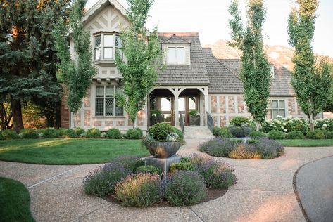 Tudor Garden Design, Tudor Home Landscaping, European Farmhouse Landscaping, Tudor House Landscaping, Tudor Landscaping, Tudor Garden, Tudor House Exterior, Tudor Homes, Modern Tudor