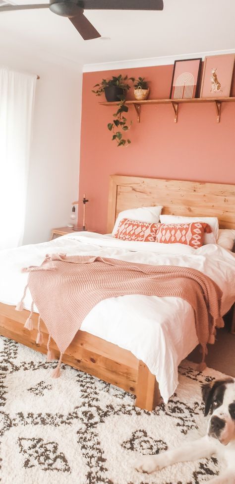 Boho Bedroom Coral Walls, Salmon Pink Bedroom Ideas, Peachy Boho Bedroom, Peach Color Bedroom Ideas Wall, Rust And Blush Bedroom, Coral Room Aesthetic, Pink Walls Boho Bedroom, Rust Pink Bedroom, Sunset Blush Bedroom