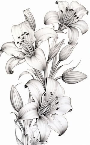 Saint Joseph = white Lillies Half Sleeve Lily Tattoos For Women, Lily Flower Tattoos Color, Tattoo Japanese Flower, Larkspur Flower Tattoo Design, Fineline Lily Tattoo, Lilly Tattoo Stencil, Lilies Flowers Drawing, Realistic Flower Tattoo Black And White, Lily Flower Tattoos Sleeve