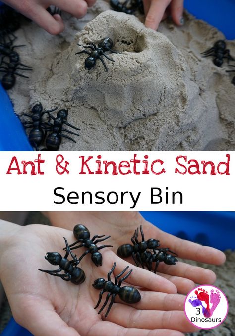 Fun Sensory Play in an Ant & Kinetic Sand Sensory Bin | 3 Dinosaurs Kinetic Sand Sensory Bin, Kids Room For Two, Preschool Ant, Sand Sensory Bin, Ants Activities, Bug Activities, Spider Theme, Insects Preschool, Bugs Preschool