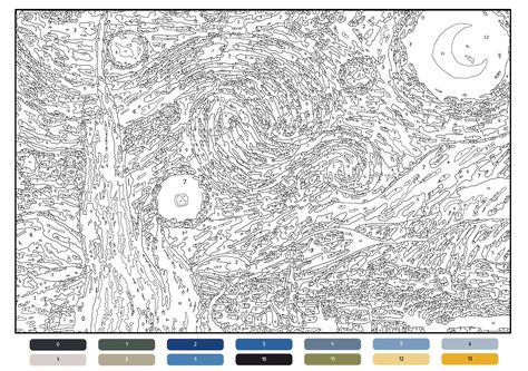 Printable Paint By Numbers Van Gogh Starry Night Activity Adult Starry Night Paint By Number, Pixel Painting Art, Number Painting Printable, Color By Number Printable Free Adult, Paint By Number Template, Starry Night Coloring Page, Printable Drawings To Paint, Colour By Numbers For Adults, Adult Color By Number Free Printables