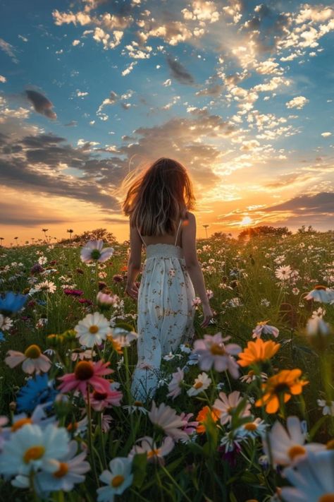 Woman in a white dress standing in a colorful flower field during sunset. Fall Flower Field Photoshoot, Ethereal Field Photoshoot, Wildflower Bouquet Photoshoot, Photo Inspiration Nature, Floral Field Photoshoot, Pictures With Flowers Ideas, People In Nature Photography, Wildflower Photo Shoot, Photos In Flower Fields