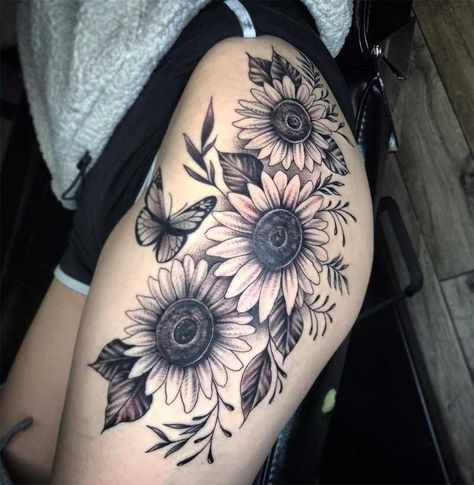 Sunflower Tattoo Thigh, Sunflower Tattoo Shoulder, Hip Thigh Tattoos, Wedding Ring Tattoo, Ring Finger Tattoos, Forarm Tattoos, Mother Tattoos, Sunflower Tattoos, Ring Tattoos