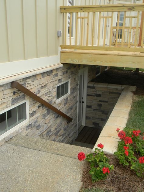 Basement Egress Door Ideas, Enclosed Basement Entrance, Ranch House Open Basement Stairs, Opening Up Basement Stairs, Walk Out Basement Exterior Ideas, Walk Up Basement Entrance, Basement Door Exterior, Basement Entrance Outdoor Ideas, Basement Entrance Outdoor