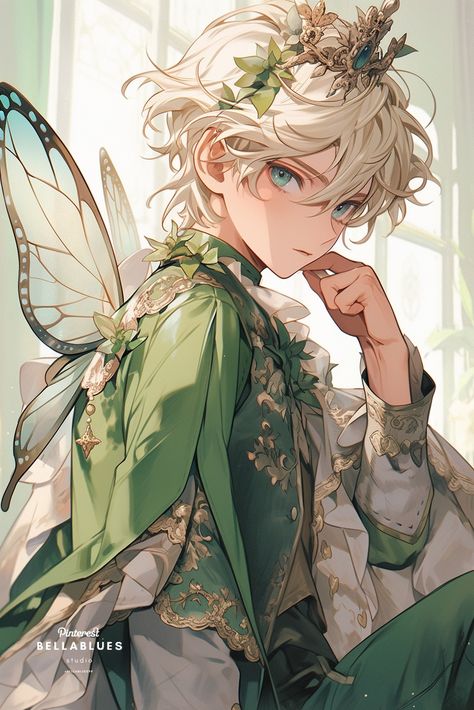 Nature Fairy Art, Fairy Guy Art, Green Characters Anime, Nature Oc Art, Anime Fairy Art, Male Fairy Drawing, Anime Fairy Boy, Fairy Boy Aesthetic, Fairy Boy Art