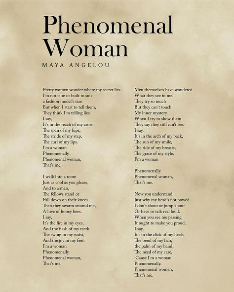 Phenomenal Woman Poem, Phenomenal Woman Maya Angelou, Maya Angelou Poems, Typographic Quote, Telling Lies, Poetic Quote, Romantic Poems, Phenomenal Woman, Famous Poems