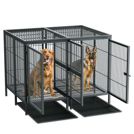 BingoPaw Heavy duty dog crate with removable divider panel. The large dog cage which can be divided into 2 independent spaces as large as 39 inch dog crates, it is suitable for 2 medium and large dogs which loads up to 88lbs each area, and it can become two functional areas for 1 large dog, for eating and sleeping. Remove the divider, it immediately becomes an oversized dog cage which is about 51.5 inch, which can be used for super-large giant dogs, such as great danes and dobermans. Bingopaw pe Metal Dog Kennel, Metal Dog Cage, Double Dog Crate, Heavy Duty Dog Crate, Large Dog Crate, Dog Cage, 2 Dogs, Giant Dogs, Dog Cages