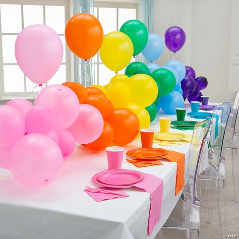 Emerald Green Balloons, Balloon Table Runner, Primary Color Party, Rainbow Theme Baby Shower, Balloon Archway, Colorful Table Decor, Rainbow Themed Birthday Party, Green Balloons, Baby Shower Table Decorations