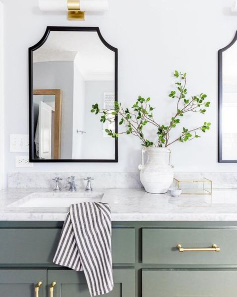 Instagram Jojoba Green Paint, Green Vanity Paint Color, Pewter Green Bathroom Cabinets, Bathroom Green Paint Colors, Best Green Paint For Bathroom, Evergreen Fog Bathroom Cabinets, Grey Bathroom Paint, Benjamin Moore Bathroom, Modern Bathroom Decor Ideas