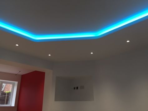 Richard Hammond of Top Spec Interiors has shared pics of an impressive coving feature-light with us, created using InStyle LED striplights and other products.Richard needed a total of 15 metres of colour-changing RGB LED tape (15-watt 24v) to light the full length of the coving’s surface. The tape strips were cut to specified lengths Ceiling Coving, Richard Hammond, Concrete Ceiling, House Paint Interior, Led Tape, Colour Changing, Feature Light, Rgb Led, Full Colour