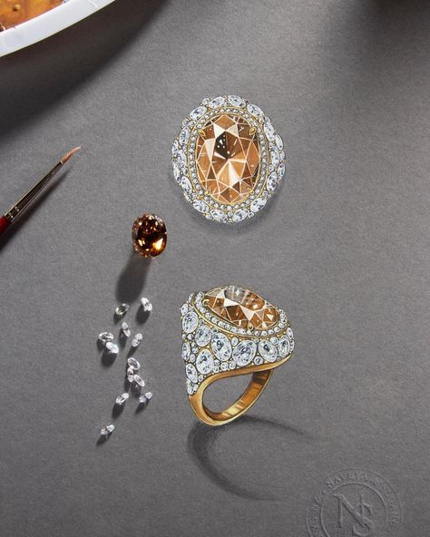 Naveya & Sloane Jewellery on Instagram: “This poetic piece showcases a rhythmic array of oval and round brilliant diamonds. Designed in 18k yellow gold, this couture concept holds…” Naveya And Sloane, Ring Sketch, Jewel Drawing, Jewelry Rendering, Jewelry Knowledge, Ring Jewellery Design, Art Jewelry Design, Jewellery Design Sketches, Gemstone Art