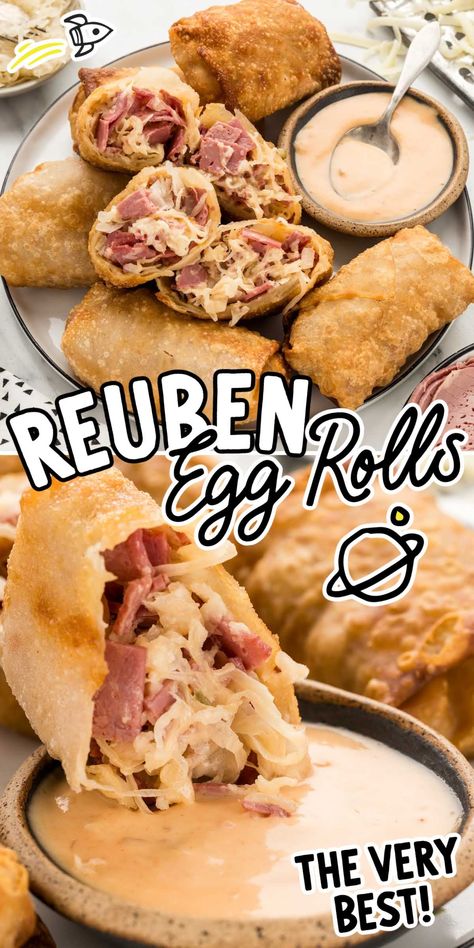 Reuben Eggrolls Rubin Eggrolls, Baked Cheeseburger Eggrolls, Ruben Roll Ups, Desert Eggroll Recipe, Eggroll Wrapper Ideas, Ruben Egg Rolls Recipe, Crispy Reuben Balls, Rueben Wrap, Rueben Eggrolls