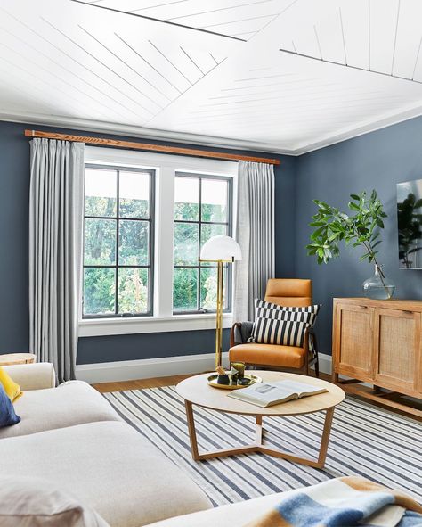 Love the Blue & White and that ceiling!  The Best Paint Colors for Dark Rooms That Barely See the Light of Day Vermont Living, Living Room Reveal, Best Paint Colors, Blue Living Room, Dark Room, A Living Room, Room Paint, Blue Walls, Bedroom Colors