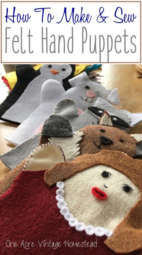 How to Make & Sew Felt Hand Puppets for Kids ⋆ One Acre Vintage & Pumpkin Patch Mtn. Felt Hand Puppets, Hand Puppets For Kids, People Puppets, Sew Felt, Holiday Hand Towels, Felt Puppets, Puppets For Kids, Puppets Diy, Felt Finger Puppets