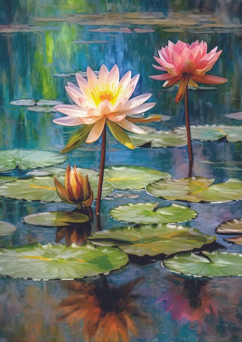 Lily Pads - A1 Rice Decoupage Paper Water Lilies Art, Water Lilies Painting, Pond Painting, Peaceful Vibes, Lotus Painting, Landscape Painting Tutorial, Lily Lotus, Lily Painting, Lotus Art