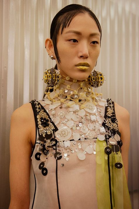 Prada SS16 Backstage Prada Dress, Trendy Embroidery, Embroidery Fashion Detail, Large Sequins, Fashion Sketchbook, Embroidery Designs Fashion, Couture Details, Embroidery Fashion, Art Clothes