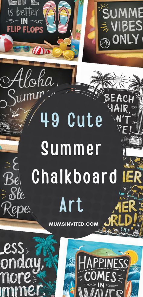 Raise a glass to summer 2024 with our cute summer chalkboard art! Find easy & fun ways to incorporate your favorite summer drinks, like lemonade, iced tea & smoothies, into your chalk art. Discover simple yet eye-catching designs that will make your chalkboards stand out at your next barbecue or pool party. From happy hour specials to sweet messages of friendship, our summer chalkboard quotes has everything. Get ready to sip, smile, and create with these cool & aesthetic chalk ideas! Last Day Of School Chalk Art, Chalkboard Summer Ideas, June Chalkboard Art, Summer Chalkboard Ideas, Chalkboard Art Ideas, Cute Summer Quotes, Summer Chalkboard Art, Playroom Quotes, Summer Chalkboard