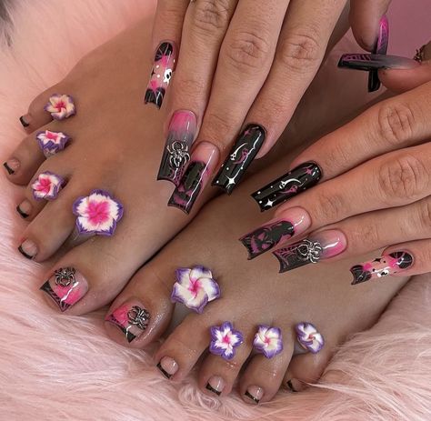 Nails Long Square, 3d Spider, Press On Toenails, Nails Press Ons, Pink French Nails, Fake Toenails, Press On Nails Long, Long Press On Nails, Halloween Press On Nails