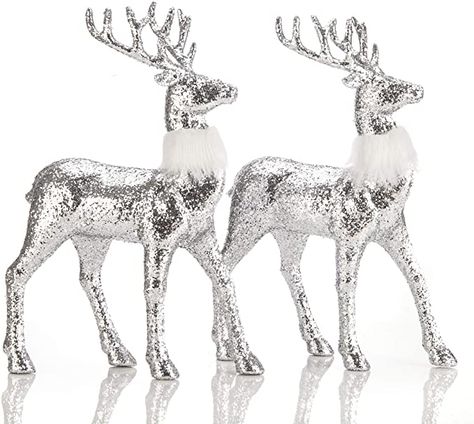 Amazon.com: blitzlabs Christmas Silver Glitter Figurines Reindeer Ornament Winter Holiday Indoor Decor Freestanding for Living Room Tabletop, 2pcs/Set: Kitchen & Dining Reindeer Decorations Christmas, Table Top Shelf, Deer Figurines, Shelf Office, Glitter Reindeer, Christmas Reindeer Decorations, Deer Statues, Reindeer Figurine, Deer Ornament