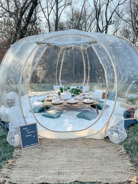 Outdoor Winter Picnic, Pop Up Tent Picnic, Outdoor Park Birthday Party Picnic Ideas, Bubble Tent Birthday Party, Bubble Tent Decor, Picnic Garden Aesthetic, Tent Picnic Ideas, Pop Up Picnic Ideas, Pop Up Tent Decorating Ideas